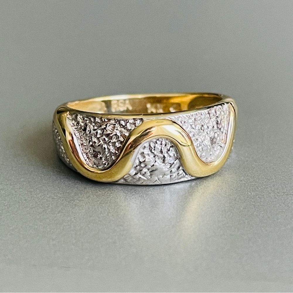 14k Yellow  White Gold Wave Style Textured Two Tone Ring Rsa Designer
